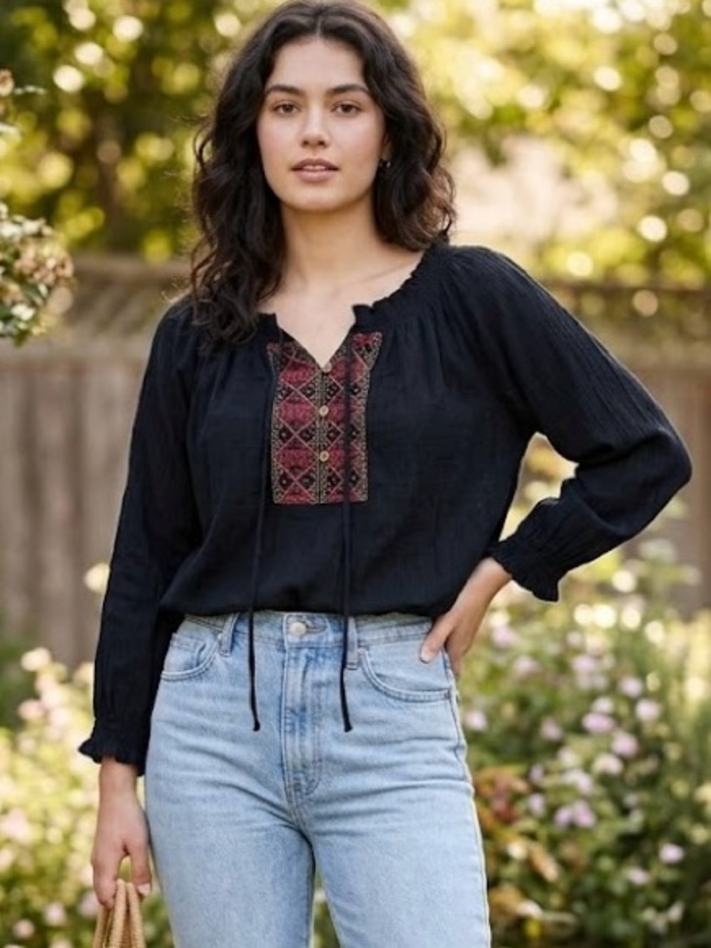 Multiples Embroidered Bohemian Peasant Gauze Blouse Gypsy 100% Cotton Breezy
